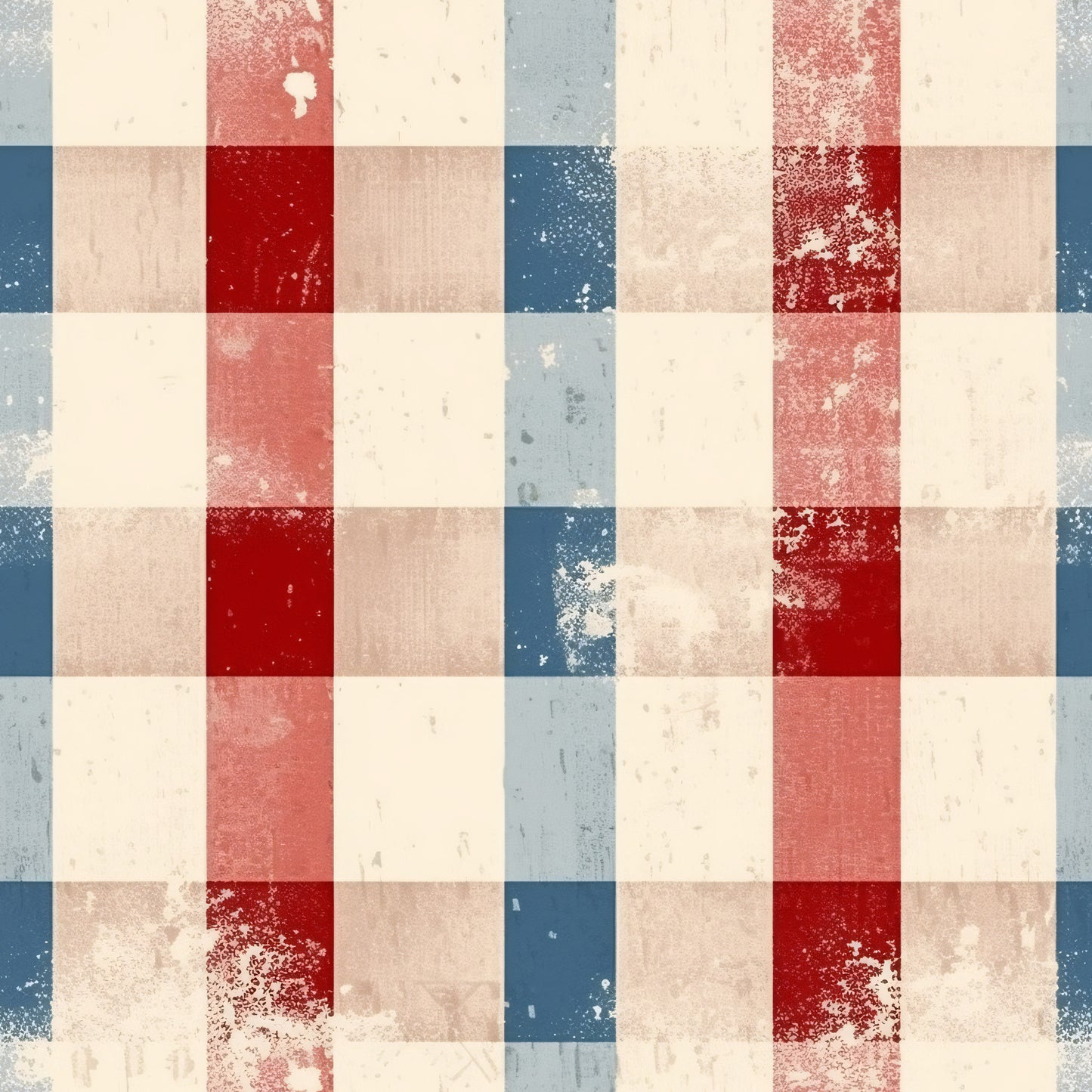 distressed, patriotic, red, white, blue, cream, weathered, vintage, aged, plaid, checkered, squares, geometric, americana, rustic, faded, worn, quilting cotton, fabric panel, country style, shabby chic, rectangular blocks