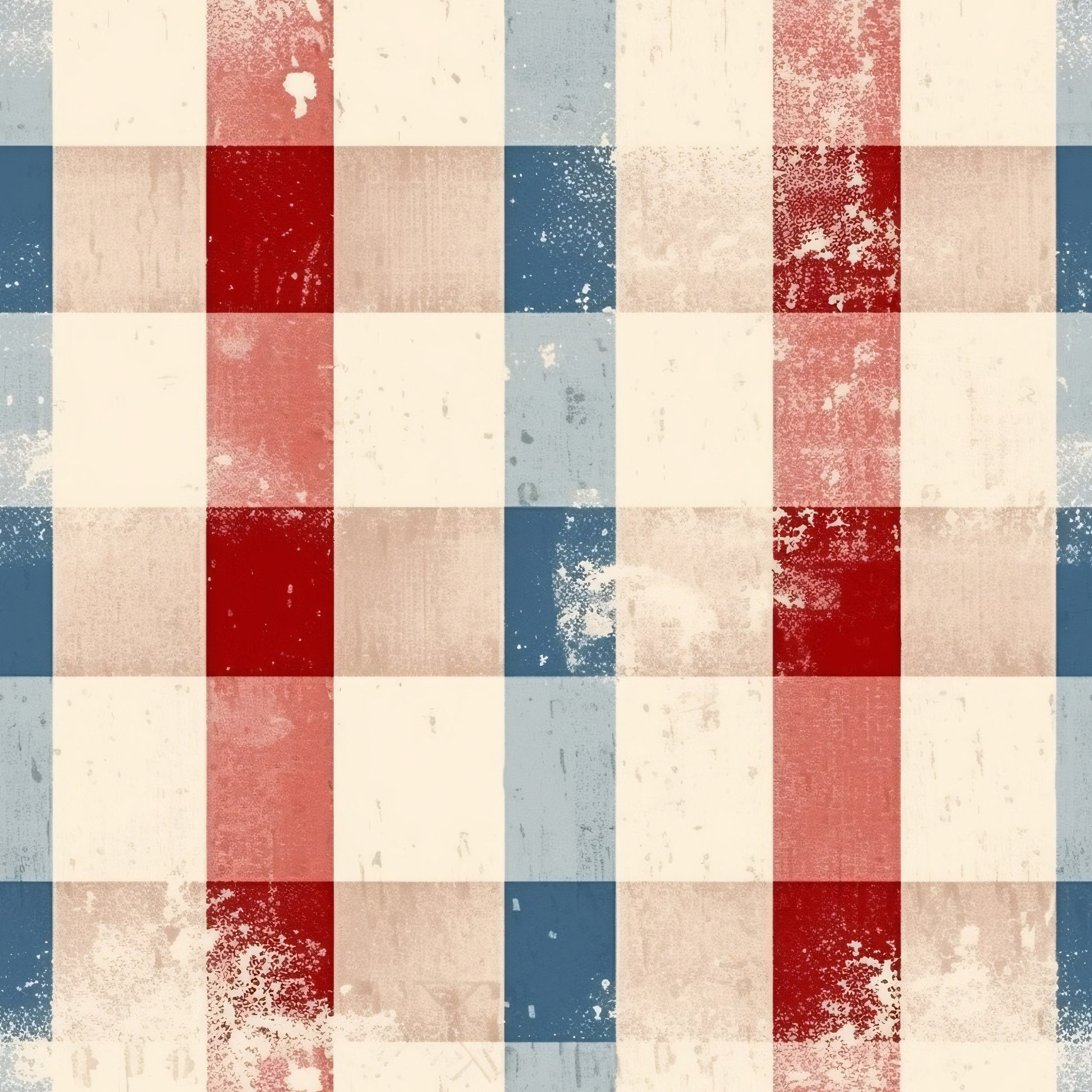 distressed, patriotic, red, white, blue, cream, weathered, vintage, aged, plaid, checkered, squares, geometric, americana, rustic, faded, worn, quilting cotton, fabric panel, country style, shabby chic, rectangular blocks