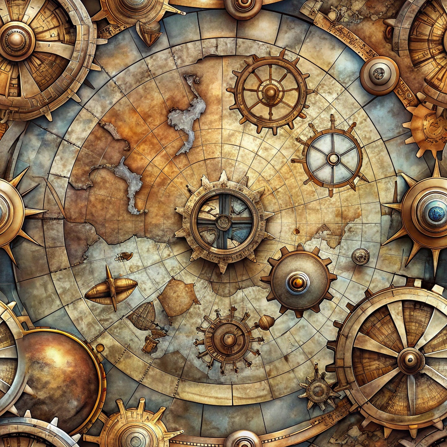 steampunk, vintage maps, brass gears, copper tones, bronze metallic, aged parchment, nautical compass, ship wheels, mechanical elements, fantasy adventure, weathered texture, golden brown, sepia tones, antiqued finish, quilting cotton, fabric panel, explorer theme, clockwork design, maritime motifs, industrial aesthetic