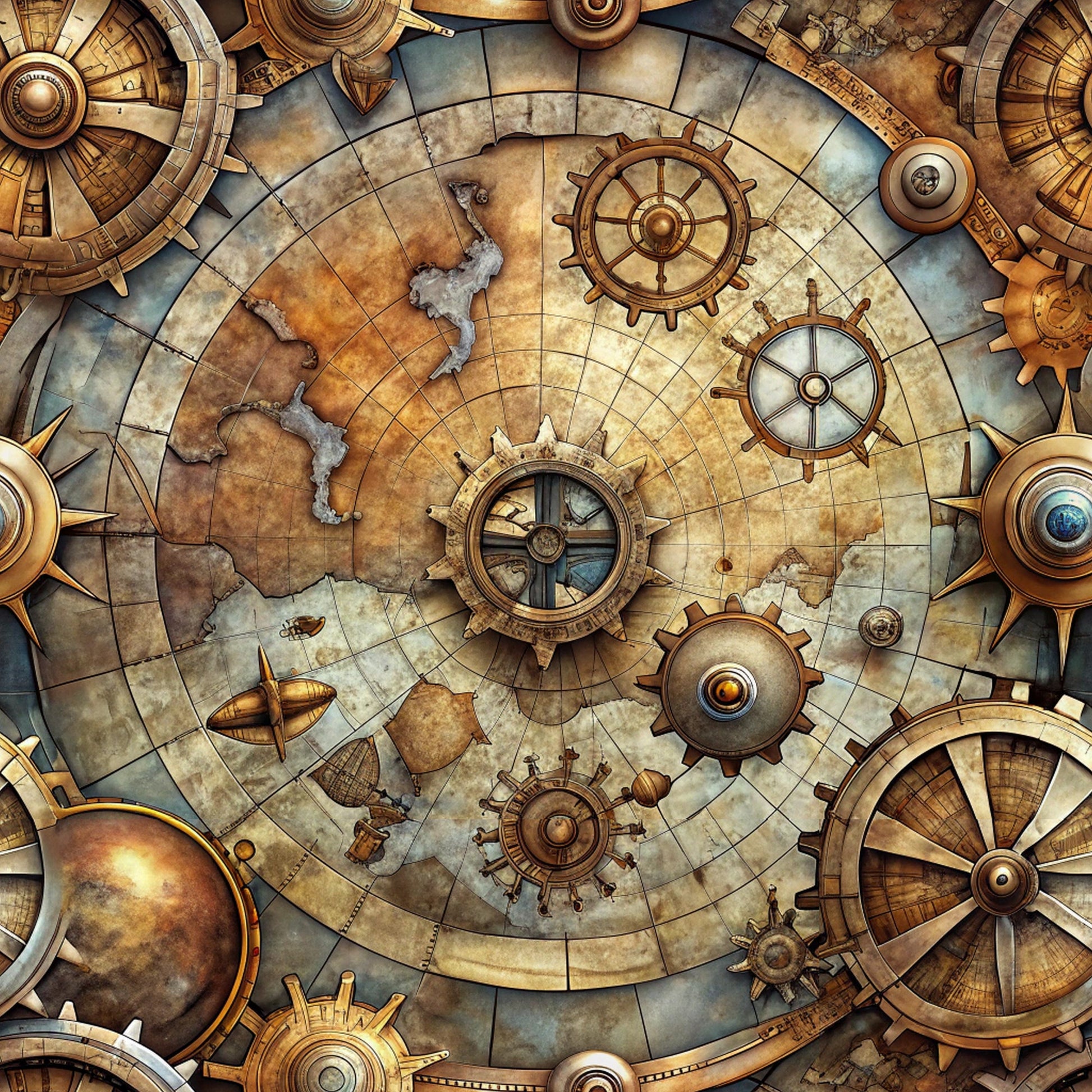 steampunk, vintage maps, brass gears, copper tones, bronze metallic, aged parchment, nautical compass, ship wheels, mechanical elements, fantasy adventure, weathered texture, golden brown, sepia tones, antiqued finish, quilting cotton, fabric panel, explorer theme, clockwork design, maritime motifs, industrial aesthetic