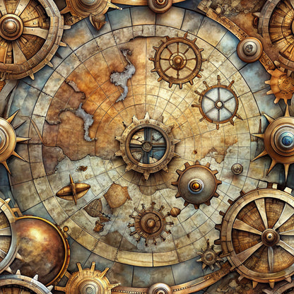 steampunk, vintage maps, brass gears, copper tones, bronze metallic, aged parchment, nautical compass, ship wheels, mechanical elements, fantasy adventure, weathered texture, golden brown, sepia tones, antiqued finish, quilting cotton, fabric panel, explorer theme, clockwork design, maritime motifs, industrial aesthetic