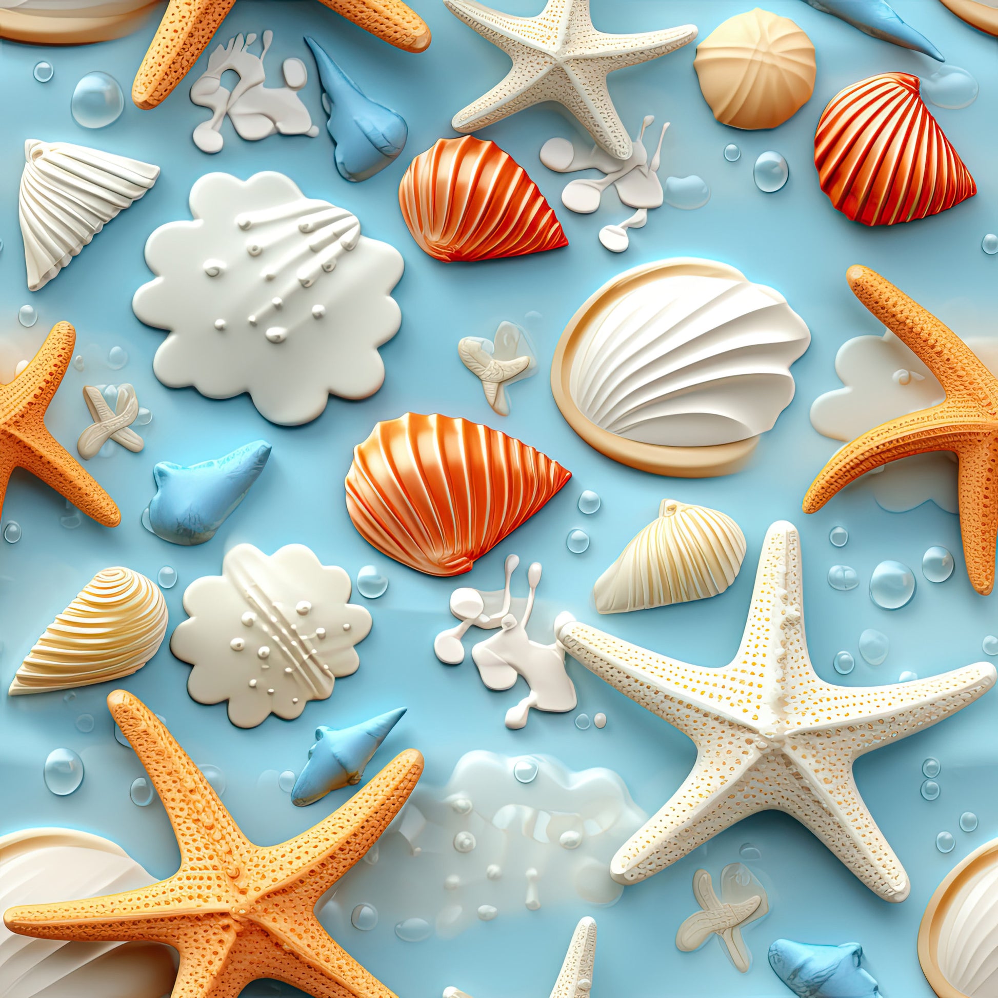 beach themed, seashells, starfish, coral, ocean blue, orange, white, cream, aqua, underwater pattern, marine life, sea creatures, bubbles, nautical design, coastal motif, summer fabric, quilting cotton, fabric panel, realistic illustration, tropical colors
