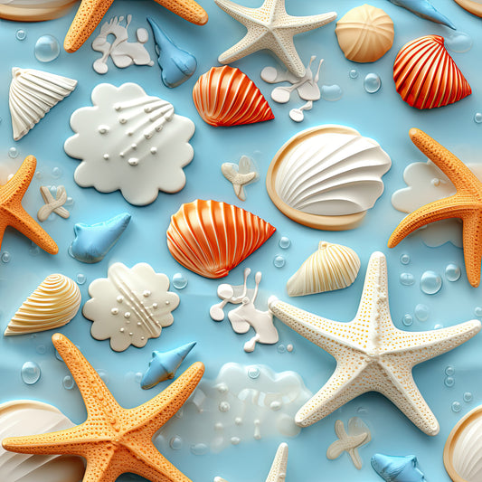 beach themed, seashells, starfish, coral, ocean blue, orange, white, cream, aqua, underwater pattern, marine life, sea creatures, bubbles, nautical design, coastal motif, summer fabric, quilting cotton, fabric panel, realistic illustration, tropical colors