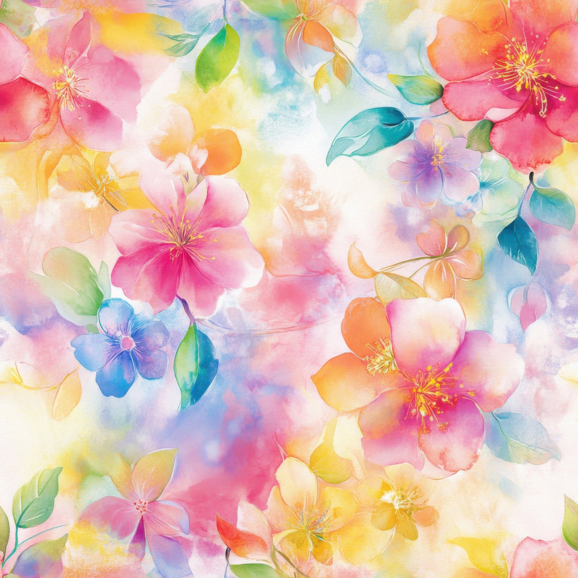 watercolor flowers, pink blossoms, blue petals, yellow flowers, green leaves, purple blooms, orange florals, coral tones, aqua accents, floral pattern, botanical design, soft pastels, dreamy atmosphere, quilting cotton, fabric panel, spring flowers, delicate petals, layered blooms, translucent effect, romantic mood