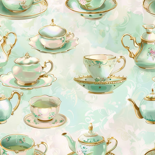 mint green, soft pink, gold accents, teacups, teapots, saucers, floral motifs, vintage china, elegant handles, ornate details, whimsical pattern, tea party theme, quilting cotton, fabric panel, pastel colors, delicate florals, romantic style, repeating design, victorian inspired, shabby chic