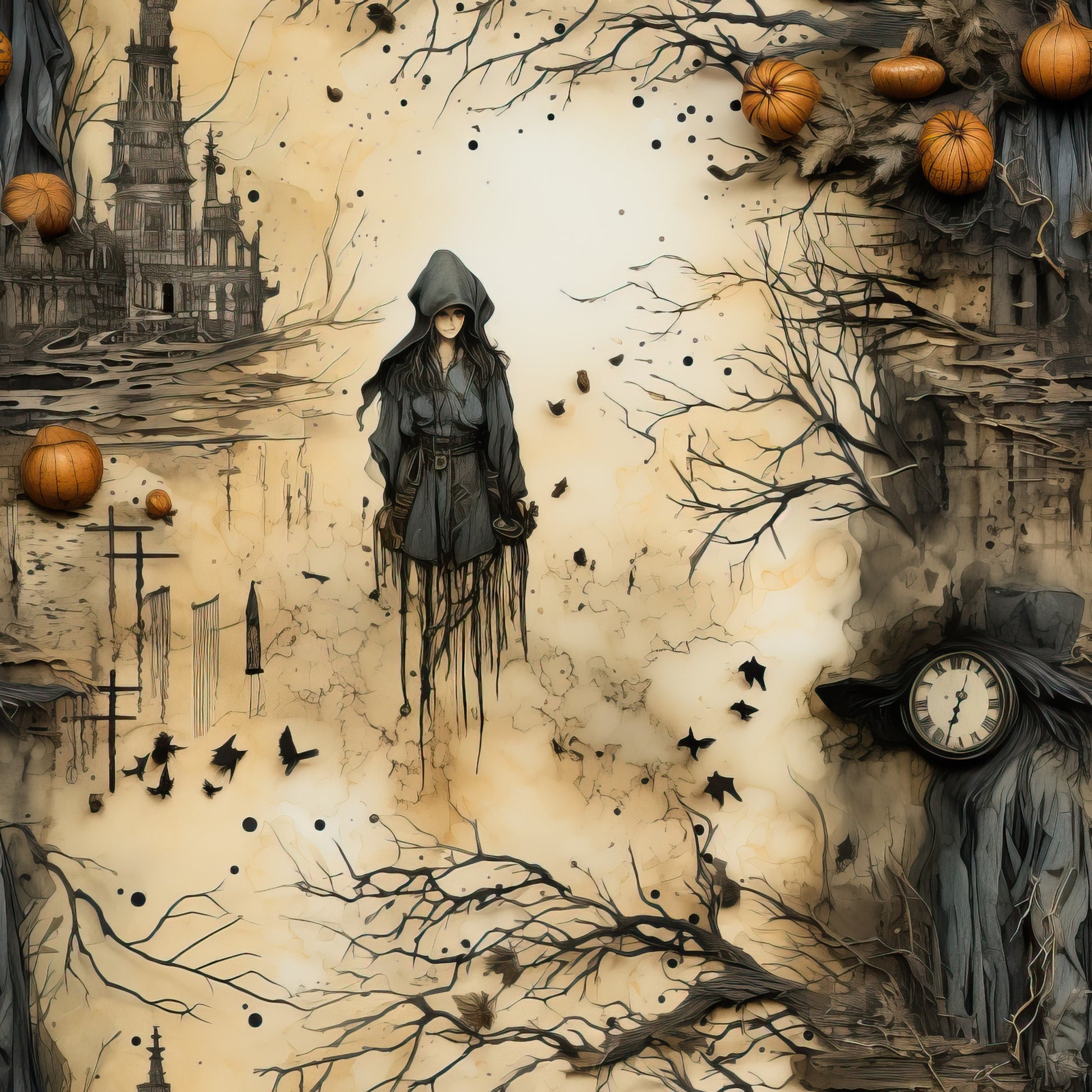 halloween, witch, hooded figure, gothic, spooky, autumn, pumpkins, orange, sepia, beige, brown, castle, clock, ravens, birds, bare branches, quilting cotton, fabric panel, mystical, atmospheric, witchy, seasonal, october, harvest time, magical
