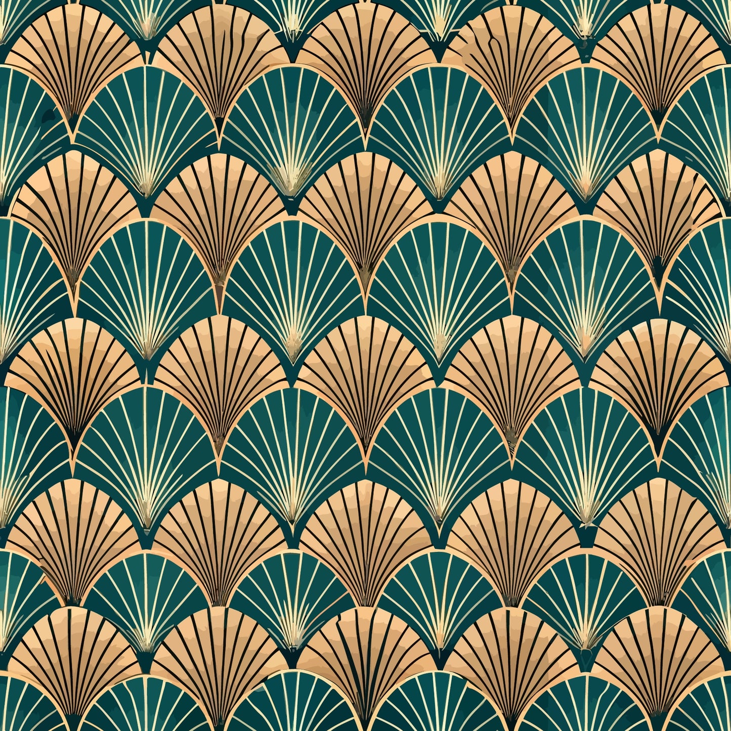 art deco, fan pattern, geometric design, teal green, peachy coral, gold accents, repeating motif, scalloped fans, vintage style, quilting cotton, fabric panel, radiating lines, overlapping scales, emerald teal, warm peach, metallic highlights, 1920s inspired, shell pattern, luxurious feel