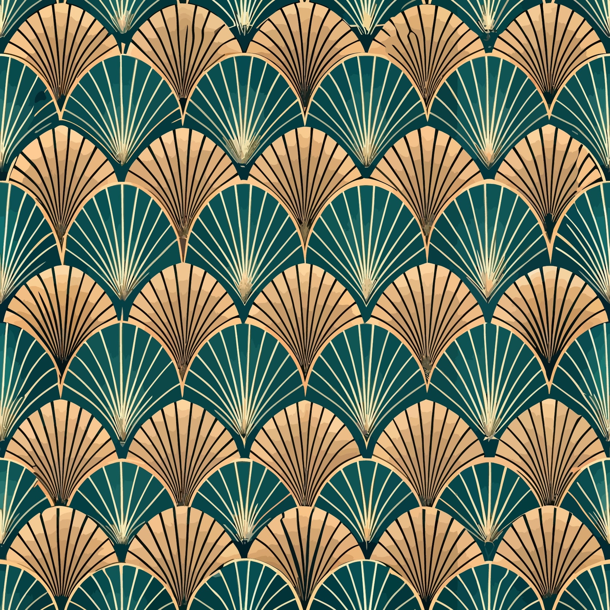 art deco, fan pattern, geometric design, teal green, peachy coral, gold accents, repeating motif, scalloped fans, vintage style, quilting cotton, fabric panel, radiating lines, overlapping scales, emerald teal, warm peach, metallic highlights, 1920s inspired, shell pattern, luxurious feel