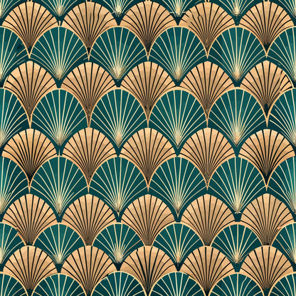art deco, fan pattern, geometric design, teal green, peachy coral, gold accents, repeating motif, scalloped fans, vintage style, quilting cotton, fabric panel, radiating lines, overlapping scales, emerald teal, warm peach, metallic highlights, 1920s inspired, shell pattern, luxurious feel