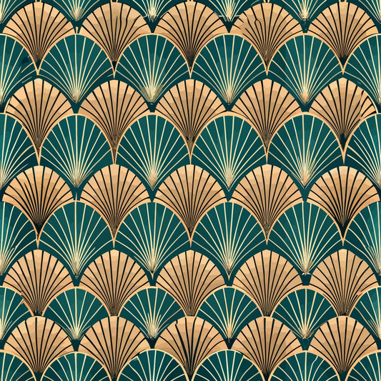 art deco, fan pattern, geometric design, teal green, peachy coral, gold accents, repeating motif, scalloped fans, vintage style, quilting cotton, fabric panel, radiating lines, overlapping scales, emerald teal, warm peach, metallic highlights, 1920s inspired, shell pattern, luxurious feel