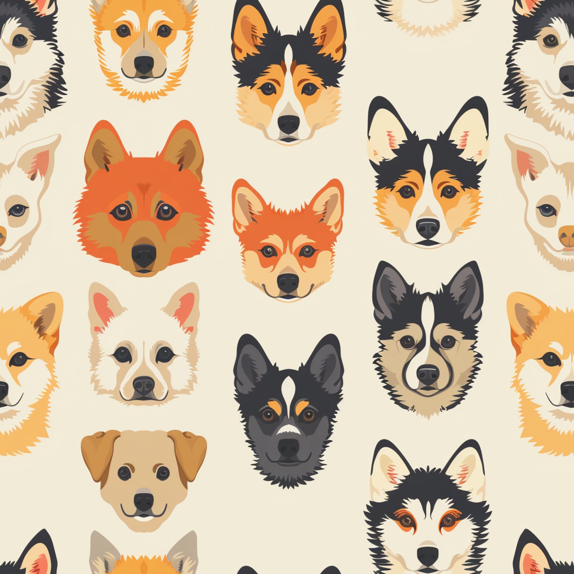 dog faces, canine heads, pet portraits, orange, black, white, cream, tan, brown, repeating pattern, animal illustration, cute dogs, spitz breeds, husky, corgi, geometric layout, quilting cotton, fabric panel, playful design, modern art style