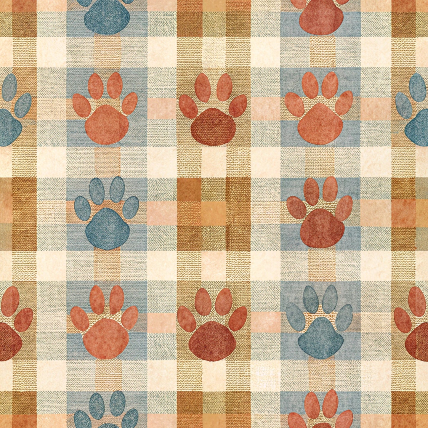 paw prints, dog paws, plaid pattern, checkered squares, rust orange, teal blue, cream beige, animal tracks, pet themed, quilting cotton, fabric panel, rustic colors, country style, geometric squares, alternating pattern, earth tones, cozy mood, craft fabric, pieced blocks, puppy paws