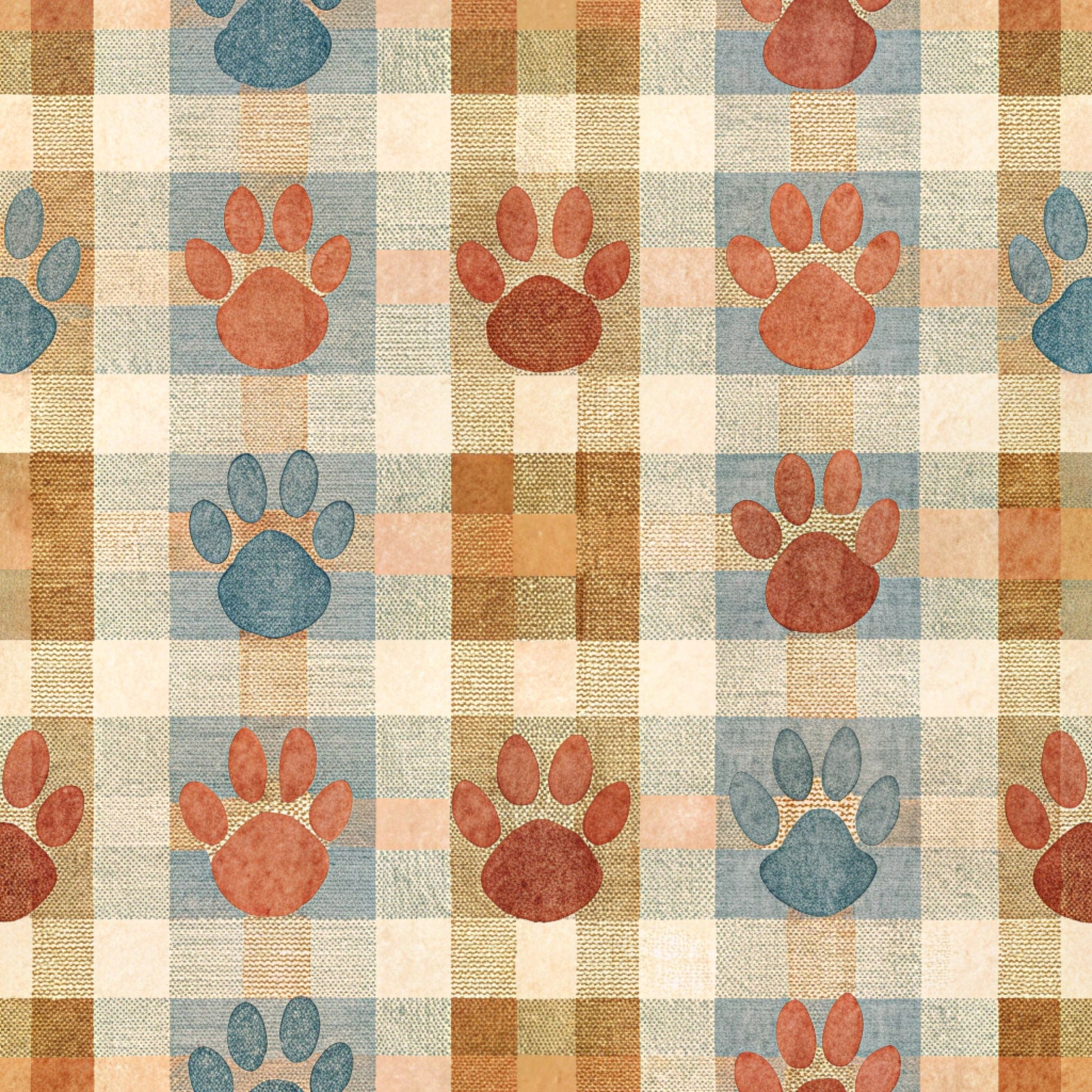 paw prints, dog paws, plaid pattern, checkered squares, rust orange, teal blue, cream beige, animal tracks, pet themed, quilting cotton, fabric panel, rustic colors, country style, geometric squares, alternating pattern, earth tones, cozy mood, craft fabric, pieced blocks, puppy paws
