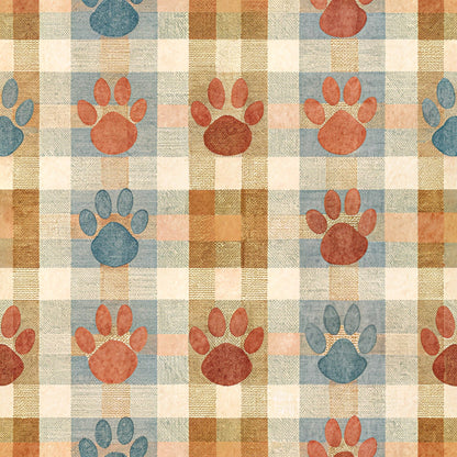 paw prints, dog paws, plaid pattern, checkered squares, rust orange, teal blue, cream beige, animal tracks, pet themed, quilting cotton, fabric panel, rustic colors, country style, geometric squares, alternating pattern, earth tones, cozy mood, craft fabric, pieced blocks, puppy paws