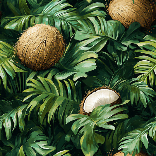 coconut, tropical leaves, jungle pattern, green foliage, brown coconuts, palm fronds, quilting cotton, fabric panel, tropical theme, lush greenery, botanical design, summer vibes, exotic plants, nature motif, monstera leaves, tropical paradise, verdant tones, coconut shells, island style, rainforest pattern