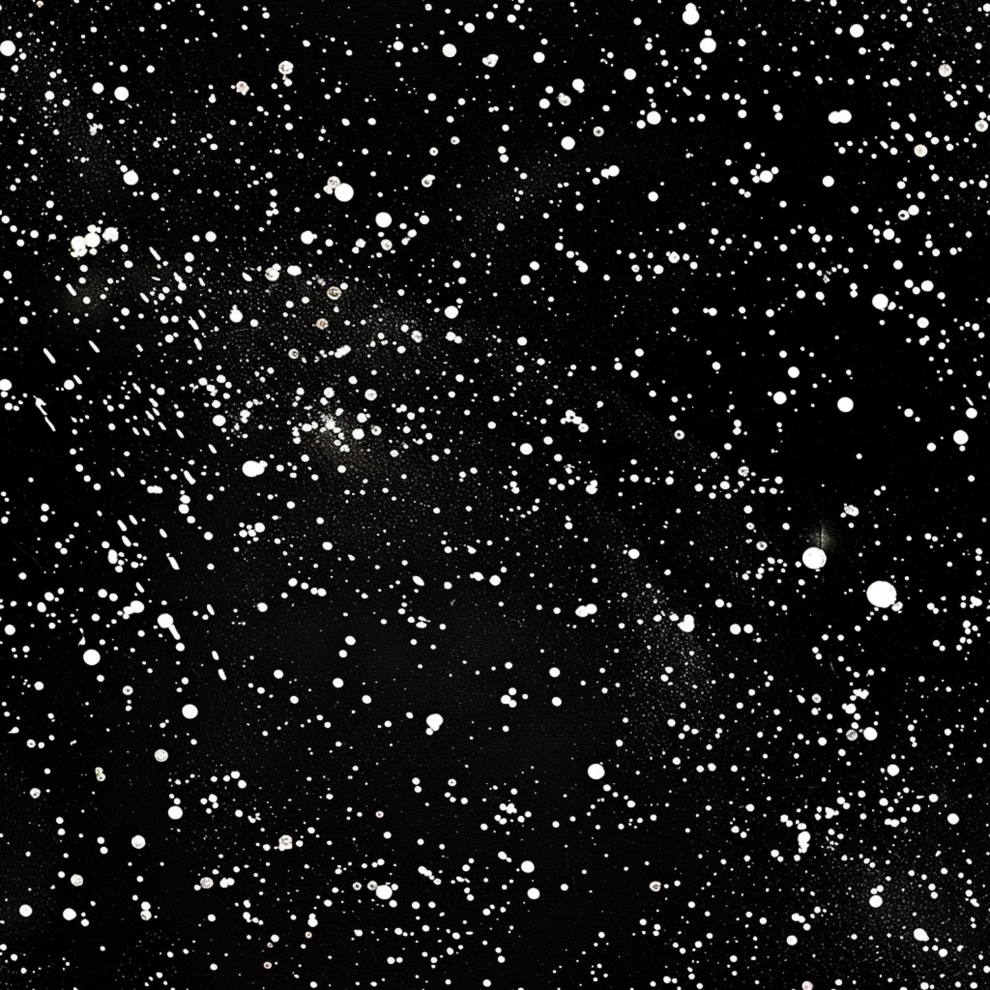 black background, white dots, paint splatter, speckled pattern, abstract design, modern style, monochrome, scattered spots, artistic texture, quilting cotton, fabric panel, contemporary pattern, random distribution, high contrast, minimalist aesthetic, geometric elements, crafting material, sewing fabric