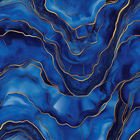 royal blue, cobalt blue, navy blue, gold accents, copper lines, agate pattern, marble texture, geode design, swirling lines, flowing curves, abstract design, mineral inspired, luxurious appearance, quilting cotton, fabric panel, modern style, sophisticated mood, geological formation, crystalline structure, organic shapes