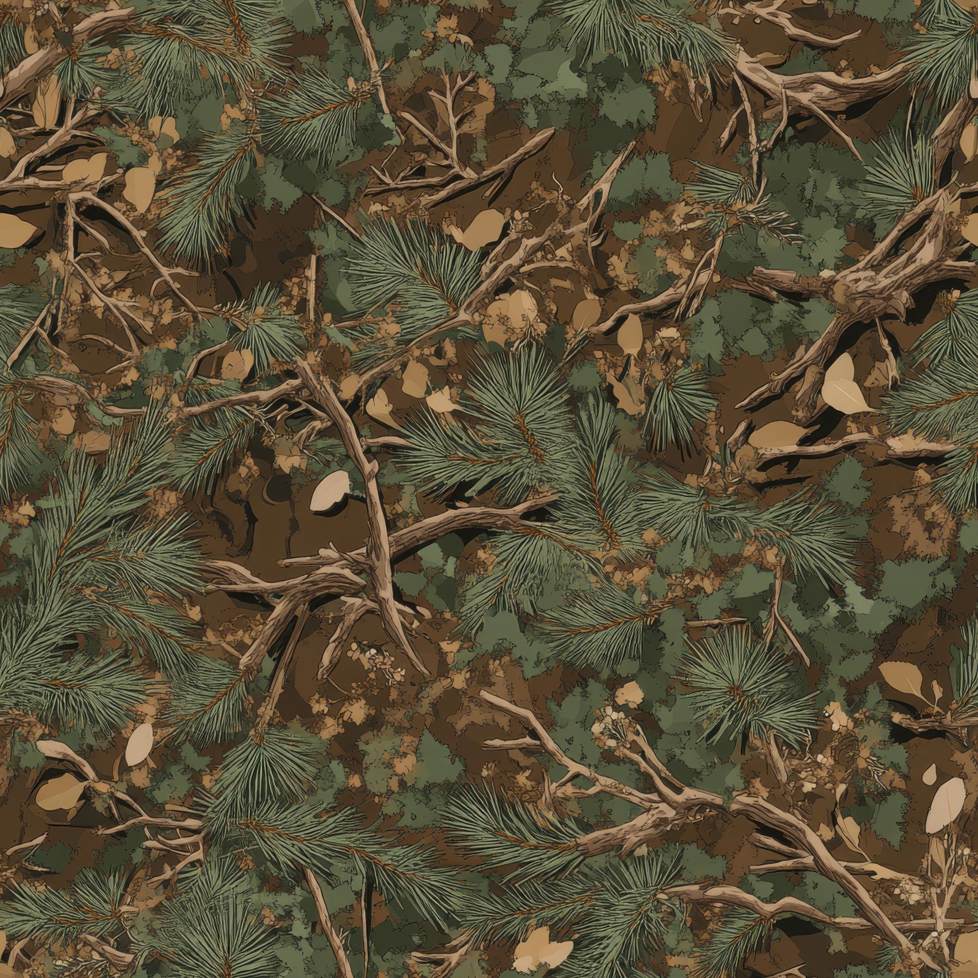 realistic camouflage, hunting pattern, forest green, earth brown, tan beige, pine needles, tree branches, fallen leaves, woodland foliage, natural camouflage, outdoor theme, quilting cotton, fabric panel, nature elements, forest floor, hunting season, military colors, organic shapes, textured appearance, seamless repeat