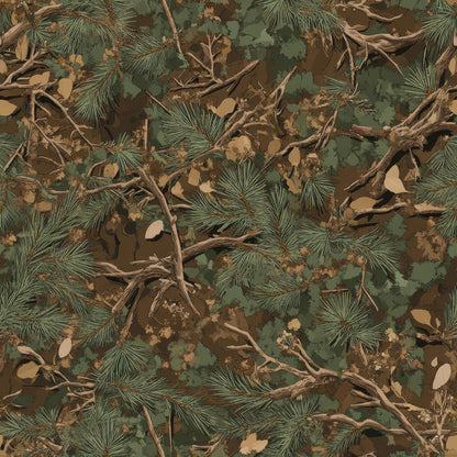 realistic camouflage, hunting pattern, forest green, earth brown, tan beige, pine needles, tree branches, fallen leaves, woodland foliage, natural camouflage, outdoor theme, quilting cotton, fabric panel, nature elements, forest floor, hunting season, military colors, organic shapes, textured appearance, seamless repeat
