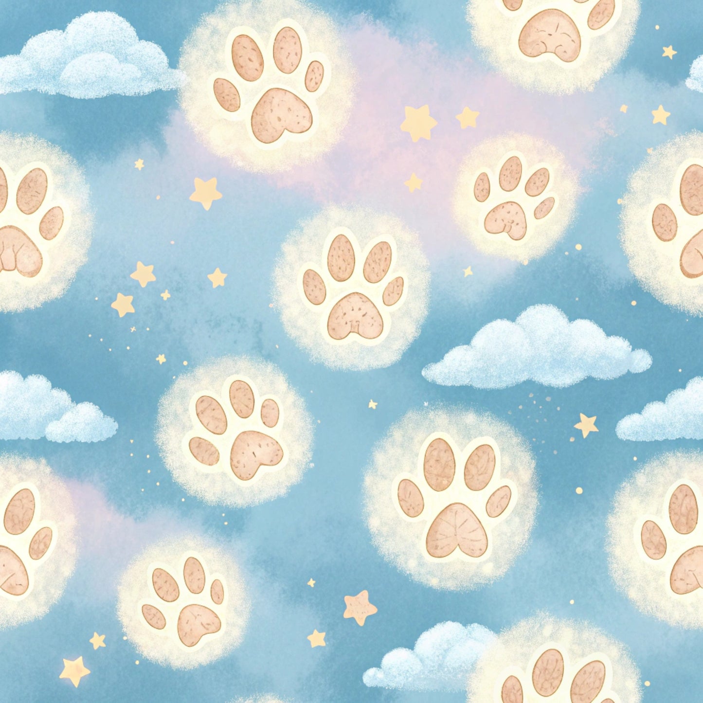 paw prints, dog paws, sky blue, soft pink, cream white, pastel colors, clouds, stars, whimsical pattern, dreamy atmosphere, cotton fabric, quilting panel, pet theme, celestial elements, fluffy clouds, animal motifs, nursery design, soft pastels, repeating pattern, fabric panel