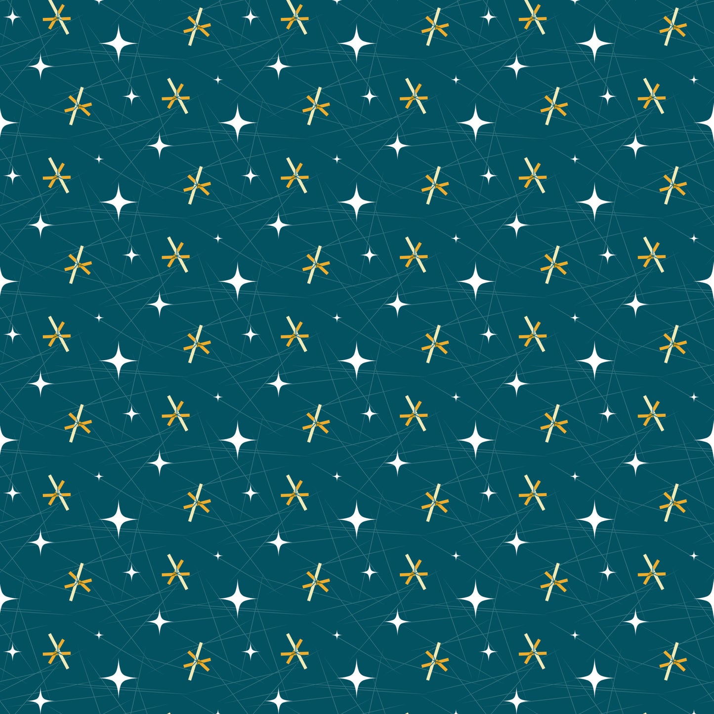 teal, turquoise, gold, yellow, white, atomic starburst, mid-century modern, retro, geometric, stars, constellation, space age, quilting cotton, fabric panel, vintage style, 1950s inspired, celestial, atomic era, repeating pattern, scattered motifs
