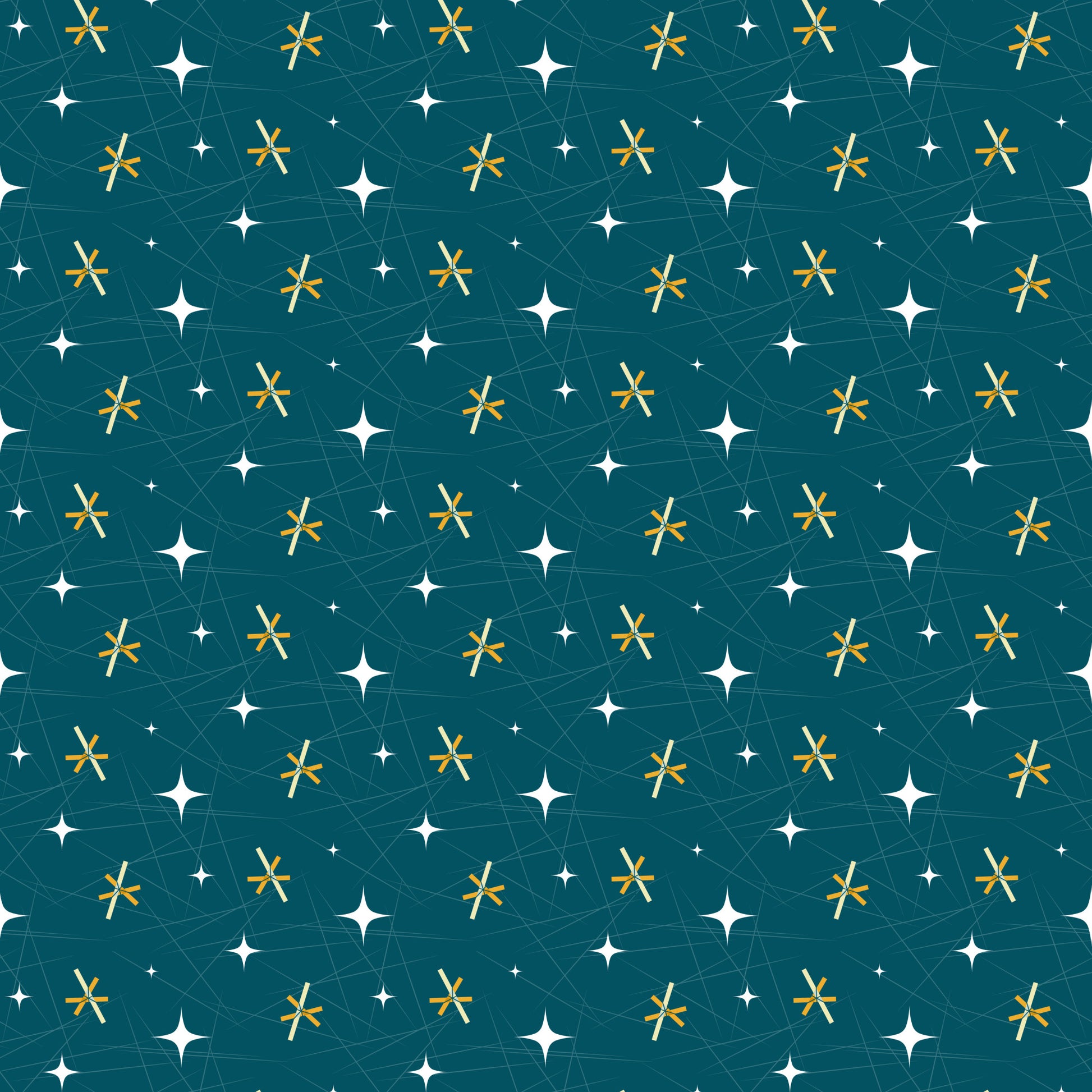 teal, turquoise, gold, yellow, white, atomic starburst, mid-century modern, retro, geometric, stars, constellation, space age, quilting cotton, fabric panel, vintage style, 1950s inspired, celestial, atomic era, repeating pattern, scattered motifs