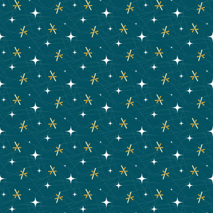 teal, turquoise, gold, yellow, white, atomic starburst, mid-century modern, retro, geometric, stars, constellation, space age, quilting cotton, fabric panel, vintage style, 1950s inspired, celestial, atomic era, repeating pattern, scattered motifs