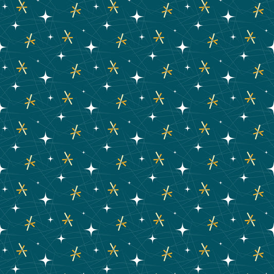teal, turquoise, gold, yellow, white, atomic starburst, mid-century modern, retro, geometric, stars, constellation, space age, quilting cotton, fabric panel, vintage style, 1950s inspired, celestial, atomic era, repeating pattern, scattered motifs