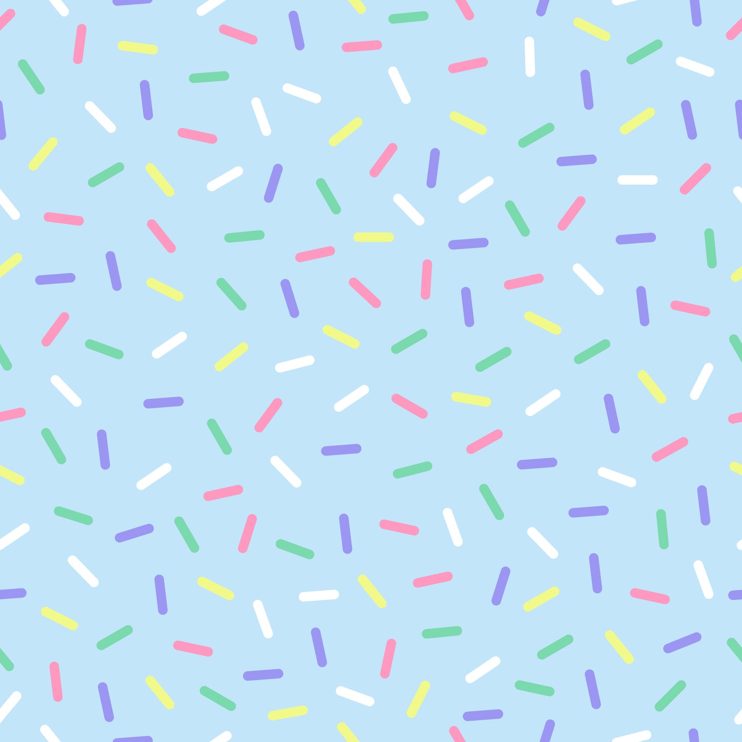 rainbow sprinkles, multicolored confetti, candy sprinkles, pastel blue background, pink sprinkles, purple sprinkles, yellow sprinkles, green sprinkles, white sprinkles, scattered pattern, random placement, sweet treats, bakery theme, dessert motif, quilting cotton, fabric panel, cheerful mood, playful design, birthday theme, celebration pattern