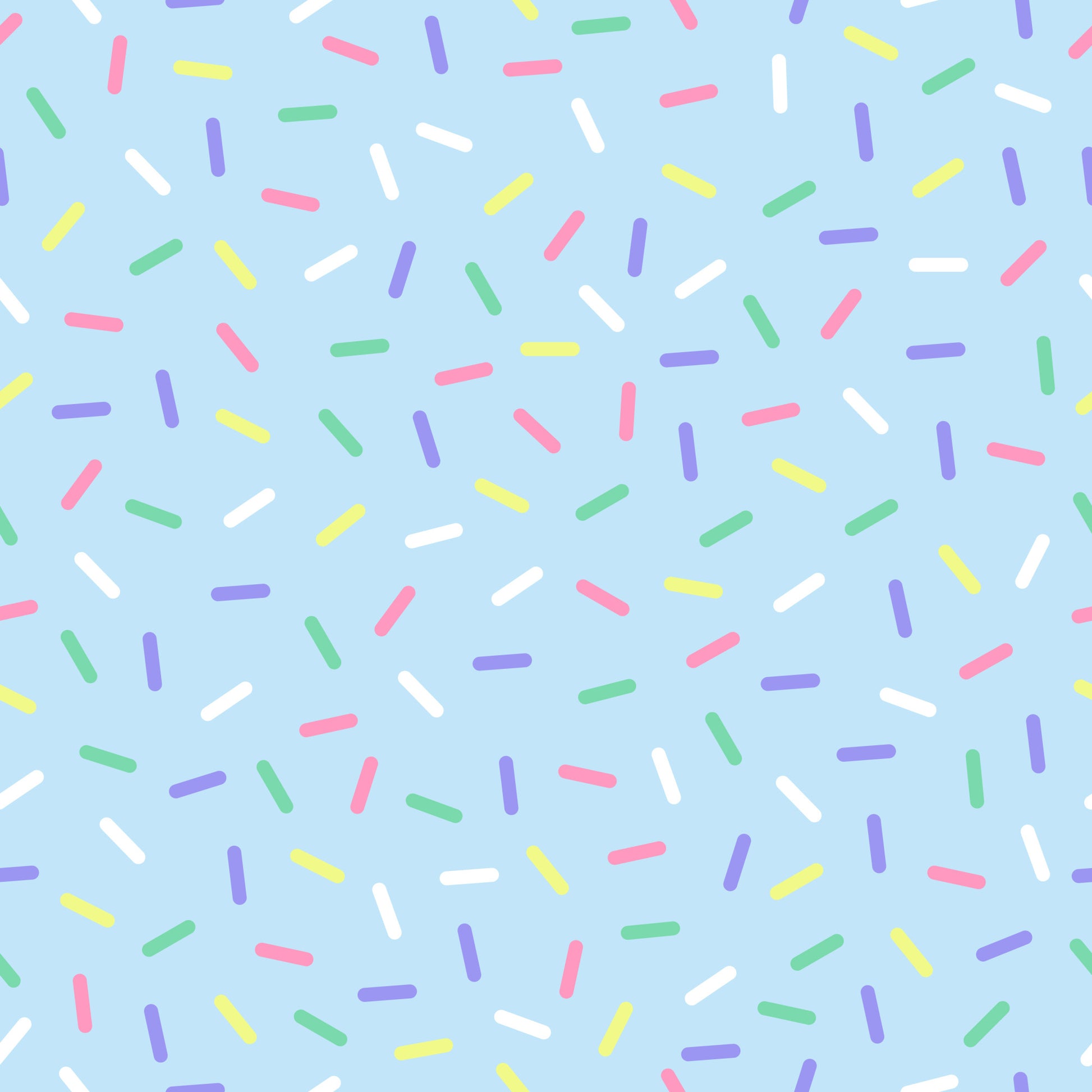 rainbow sprinkles, multicolored confetti, candy sprinkles, pastel blue background, pink sprinkles, purple sprinkles, yellow sprinkles, green sprinkles, white sprinkles, scattered pattern, random placement, sweet treats, bakery theme, dessert motif, quilting cotton, fabric panel, cheerful mood, playful design, birthday theme, celebration pattern