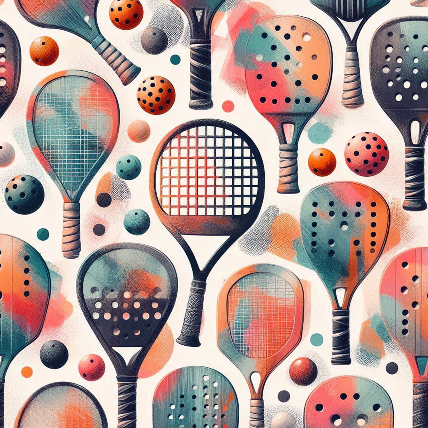watercolor, pickleball, rackets, paddles, coral, teal, orange, geometric patterns, sports theme, quilting cotton, fabric panel, athletic, recreational, modern art style, circular motifs, dots, grid patterns, contemporary, vibrant colors, abstract elements