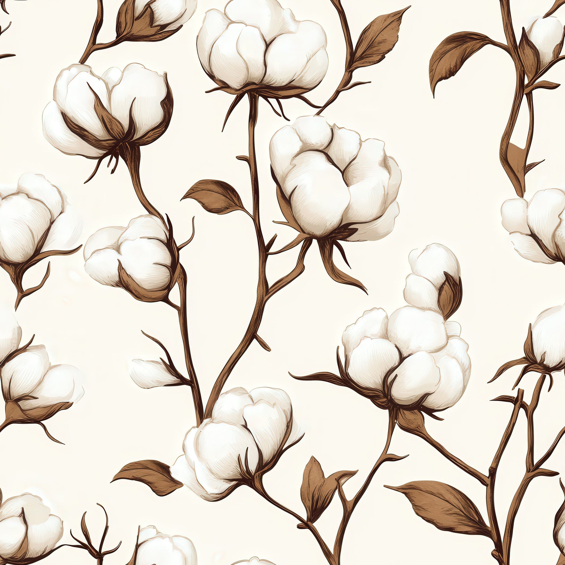 cotton bolls, botanical pattern, cream background, brown stems, white flowers, natural motifs, vintage illustration, seamless repeat, quilting cotton, fabric panel, floral design, farmhouse style, rustic aesthetic, organic shapes, neutral tones, country charm, agricultural theme, plant illustration, cotton plants, nature pattern