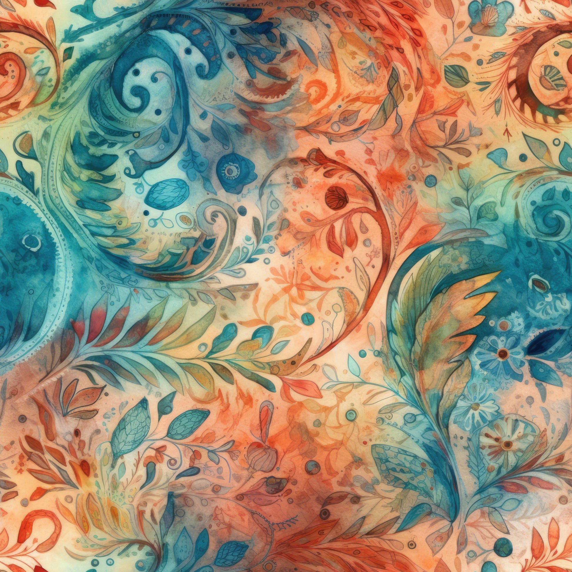teal, coral, orange, cream, paisley, swirls, floral motifs, botanical, leaves, feathers, watercolor style, flowing design, organic patterns, quilting cotton, fabric panel, whimsical, artistic, nature inspired, decorative elements, curvilinear, ornamental