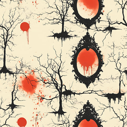blood moon, crimson red, coral orange, cream beige, black silhouettes, bare trees, dripping effects, gothic mirrors, ornate frames, spooky atmosphere, halloween themed, horror aesthetic, quilting cotton, fabric panel, creepy woodland, haunted manor, macabre design, dripping blood, eerie branches, supernatural mood