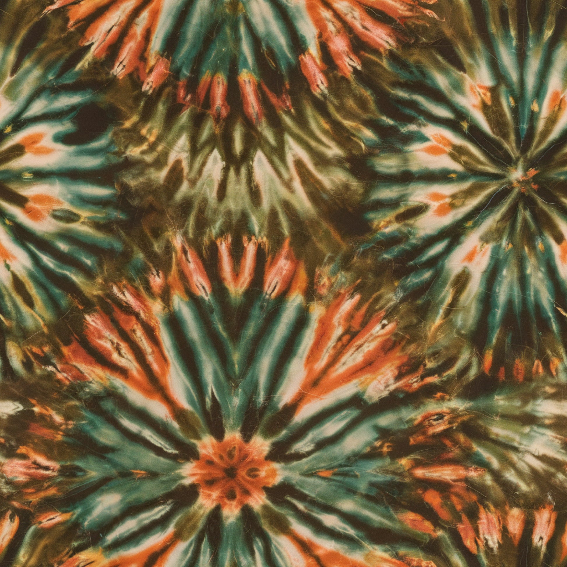 tie dye, retro, quilting cotton, fabric panel, orange, teal, green, brown, radiating pattern, starburst design, psychedelic, 1960s style, hippie aesthetic, circular motifs, kaleidoscope effect, bohemian, vintage inspired, groovy pattern, swirling colors, abstract design