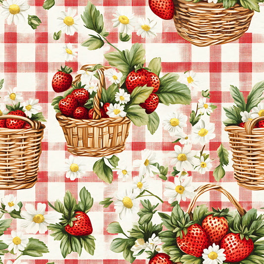 - Strawberry Gingham Picnic Pattern 17 Quilting Cotton Fabric  
- Red and white gingham  
- Strawberries  
- Green leaves  
- Daisy flowers  
- Picnic baskets  
- Quilting cotton  
- Floral design  
- Checkered background  
- Summer theme  
- Rustic charm