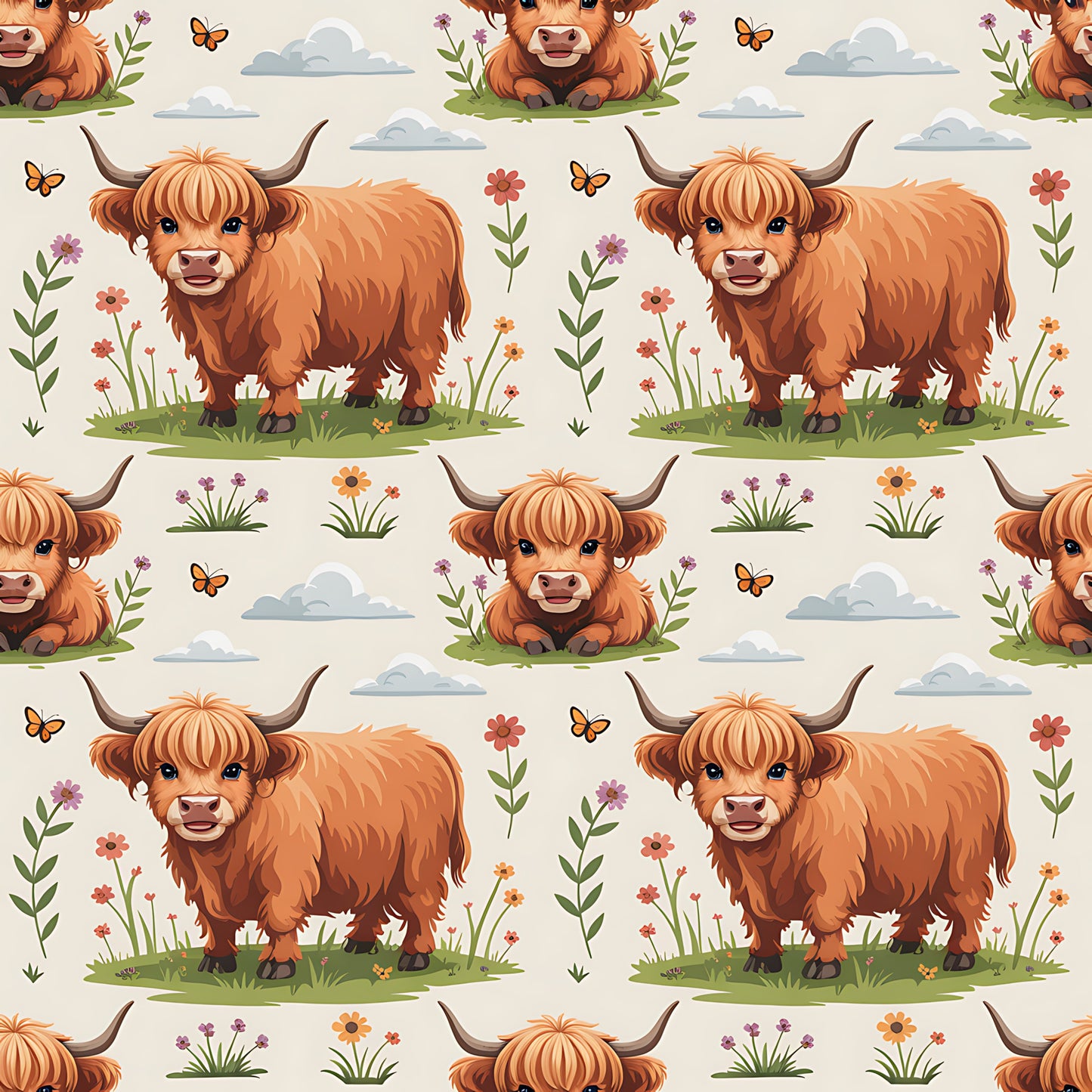 Cartoon Highland Cows Pattern 18 Quilting Cotton Fabric