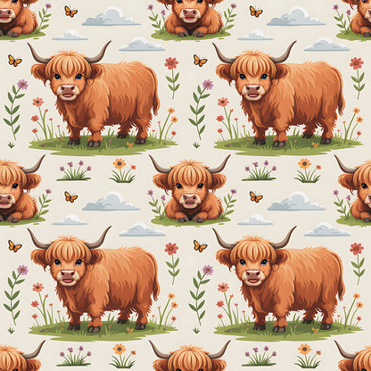 Cartoon Highland Cows Pattern 18 Quilting Cotton Fabric