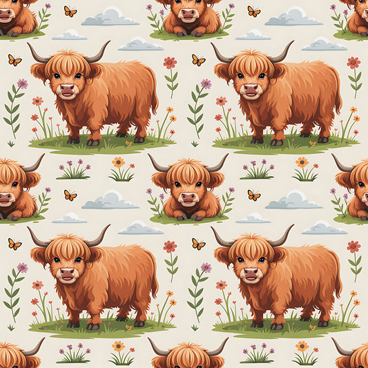 Cartoon Highland Cows Pattern 18 Quilting Cotton Fabric