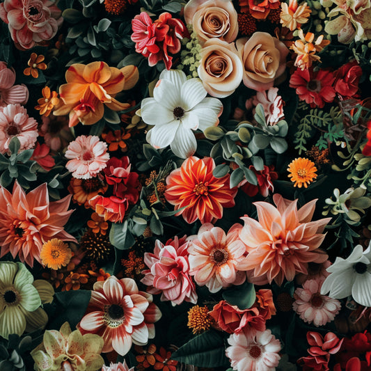 realistic flowers, floral pattern, autumn colors, coral roses, white dogwood, orange dahlias, burgundy blooms, peach tones, botanical design, dense arrangement, quilting cotton, fabric panel, vintage mood, garden flowers, mixed florals, warm palette, nature motifs, craft fabric, sewing material