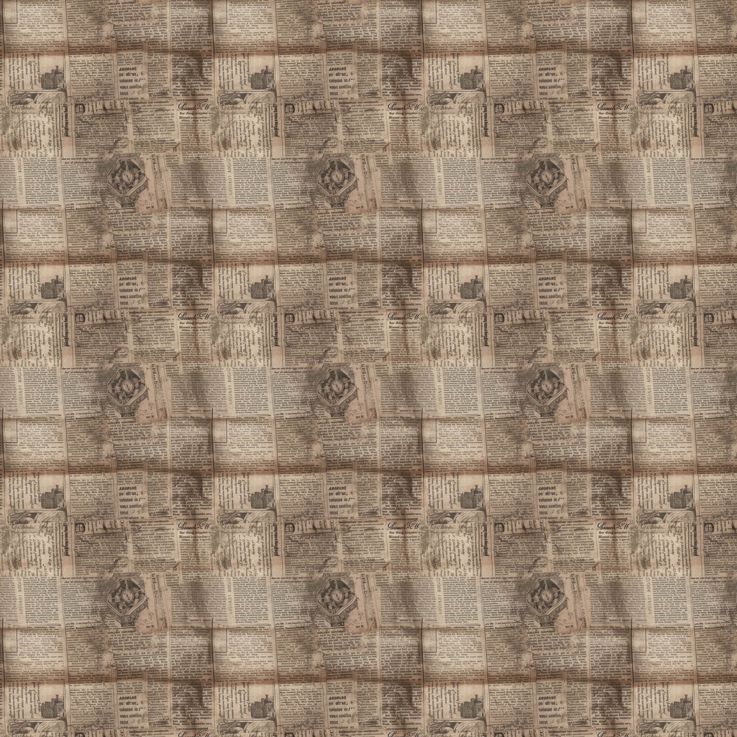 vintage newspapers, sepia tones, beige, tan, brown, aged paper, newsprint pattern, quilting cotton, fabric panel, antique style, weathered appearance, text columns, retro design, historical theme, patchwork squares, nostalgic mood, crafting material, sewing fabric, repetitive pattern, old-fashioned