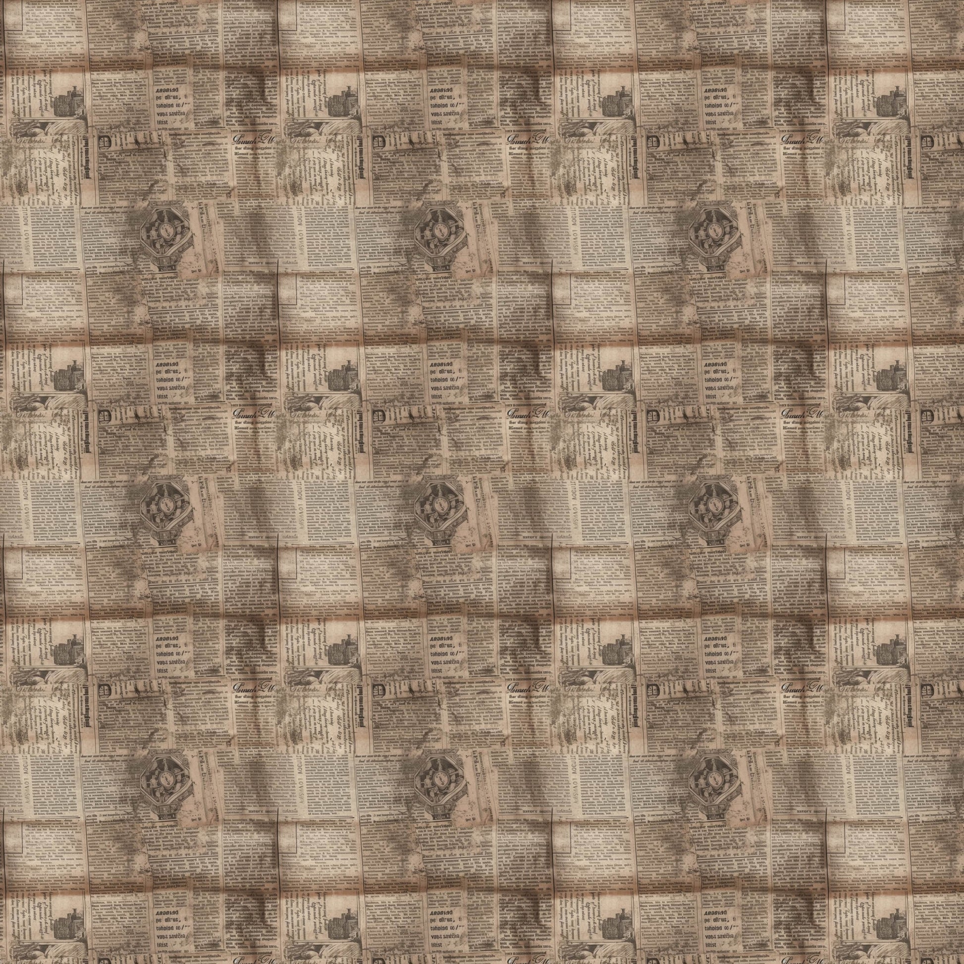 vintage newspapers, sepia tones, beige, tan, brown, aged paper, newsprint pattern, quilting cotton, fabric panel, antique style, weathered appearance, text columns, retro design, historical theme, patchwork squares, nostalgic mood, crafting material, sewing fabric, repetitive pattern, old-fashioned