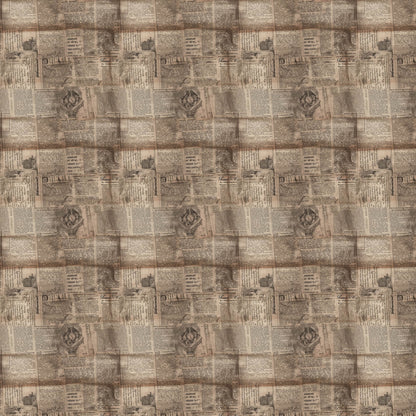vintage newspapers, sepia tones, beige, tan, brown, aged paper, newsprint pattern, quilting cotton, fabric panel, antique style, weathered appearance, text columns, retro design, historical theme, patchwork squares, nostalgic mood, crafting material, sewing fabric, repetitive pattern, old-fashioned
