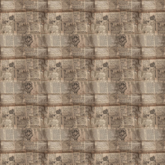 vintage newspapers, sepia tones, beige, tan, brown, aged paper, newsprint pattern, quilting cotton, fabric panel, antique style, weathered appearance, text columns, retro design, historical theme, patchwork squares, nostalgic mood, crafting material, sewing fabric, repetitive pattern, old-fashioned