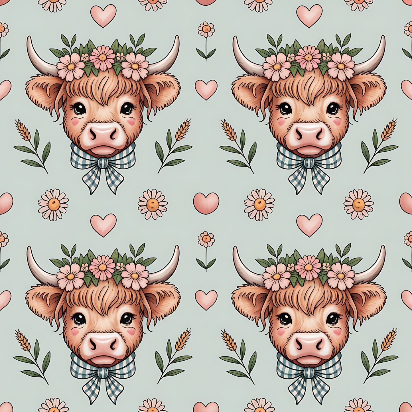Highland Cow Heads Pattern 8 Quilting Cotton Fabric