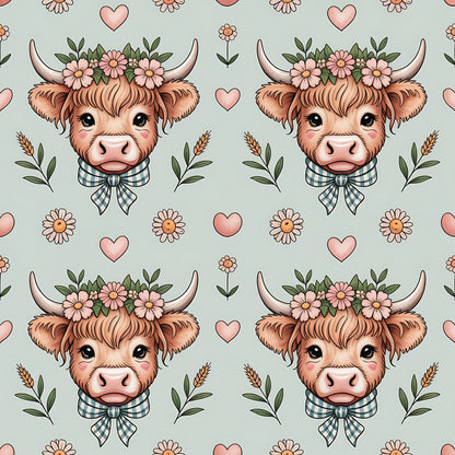 Highland Cow Heads Pattern 8 Quilting Cotton Fabric