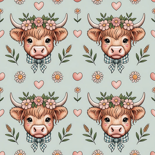 Highland Cow Heads Pattern 8 Quilting Cotton Fabric