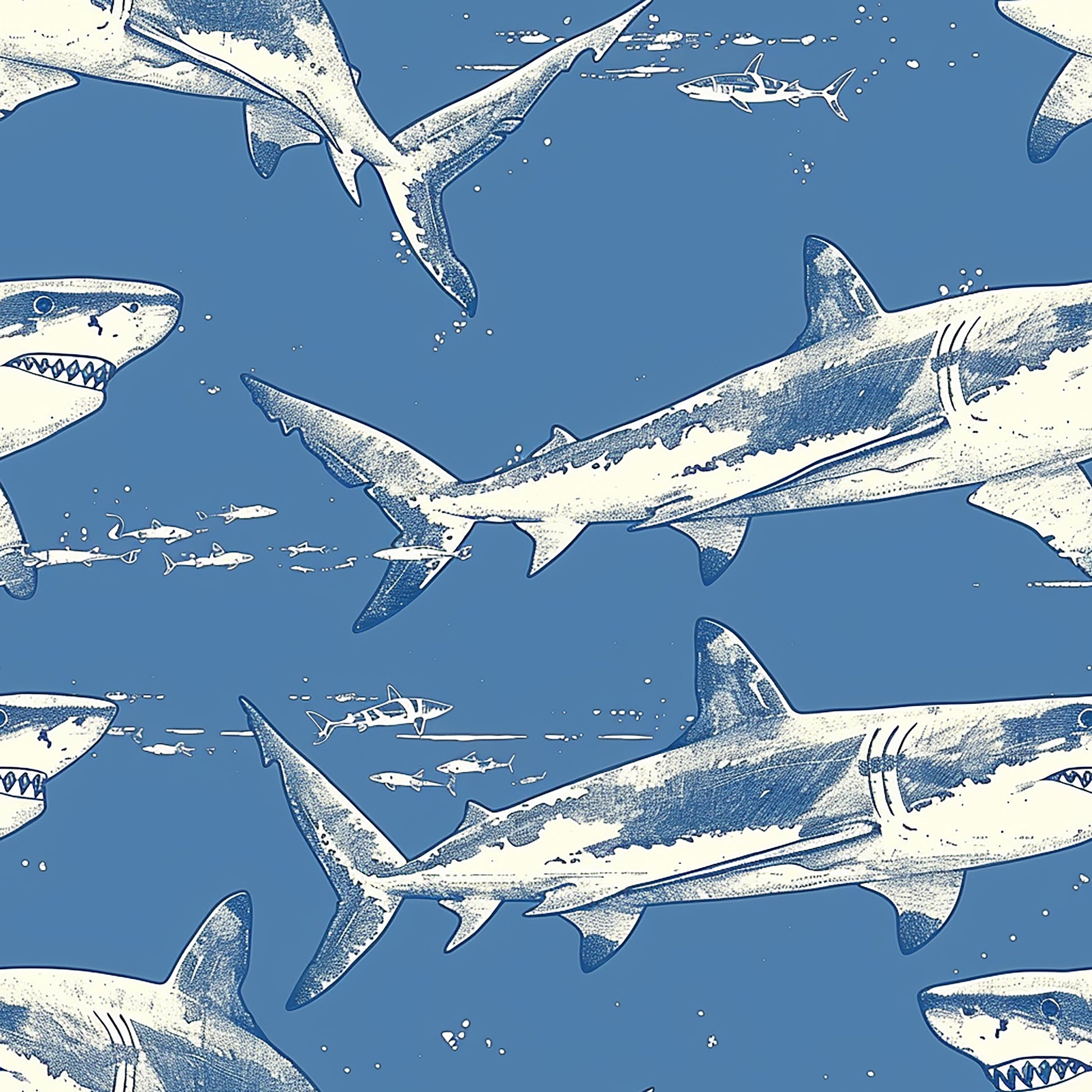 blue background, white sharks, ocean scene, marine life, swimming sharks, nautical theme, sea creatures, underwater pattern, quilting cotton, fabric panel, aquatic design, shark silhouettes, ocean blue, coastal theme, fish swimming, maritime pattern, sea life motif, water bubbles, ocean depths, predator fish