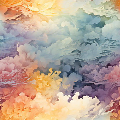 colorful clouds, watercolor style, orange hues, purple tones, blue shades, yellow accents, pink colors, abstract design, sky pattern, dreamy atmosphere, flowing movement, soft gradients, quilting cotton, fabric panel, artistic clouds, pastel colors, ethereal mood, swirling patterns, celestial theme, cotton fabric