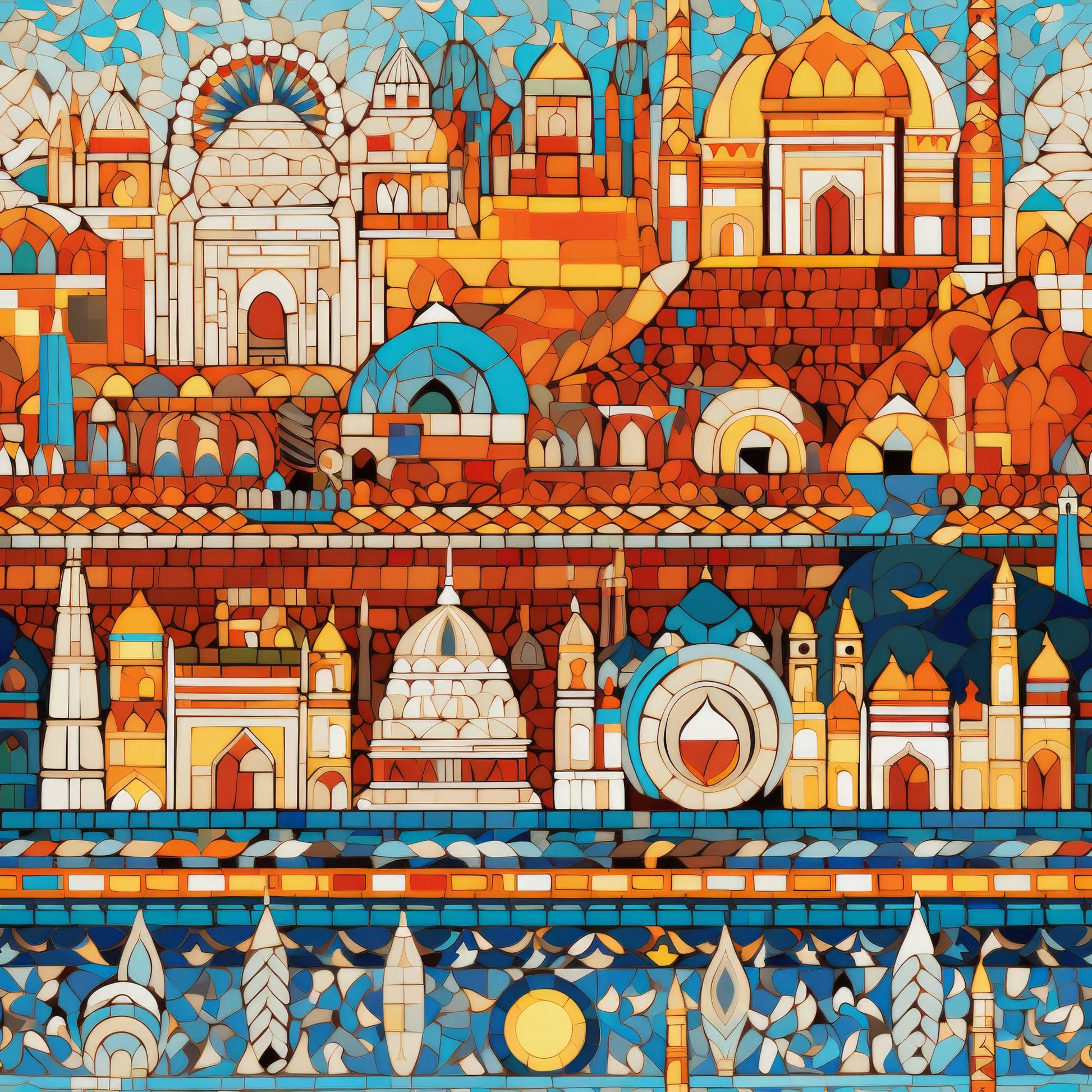 mosaic pattern, stained glass, architectural elements, domes, arches, geometric shapes, orange, turquoise, blue, cream, terra cotta, quilting cotton, fabric panel, medieval buildings, byzantine style, decorative tiles, warm tones, cool blues, artistic design, ornate structures